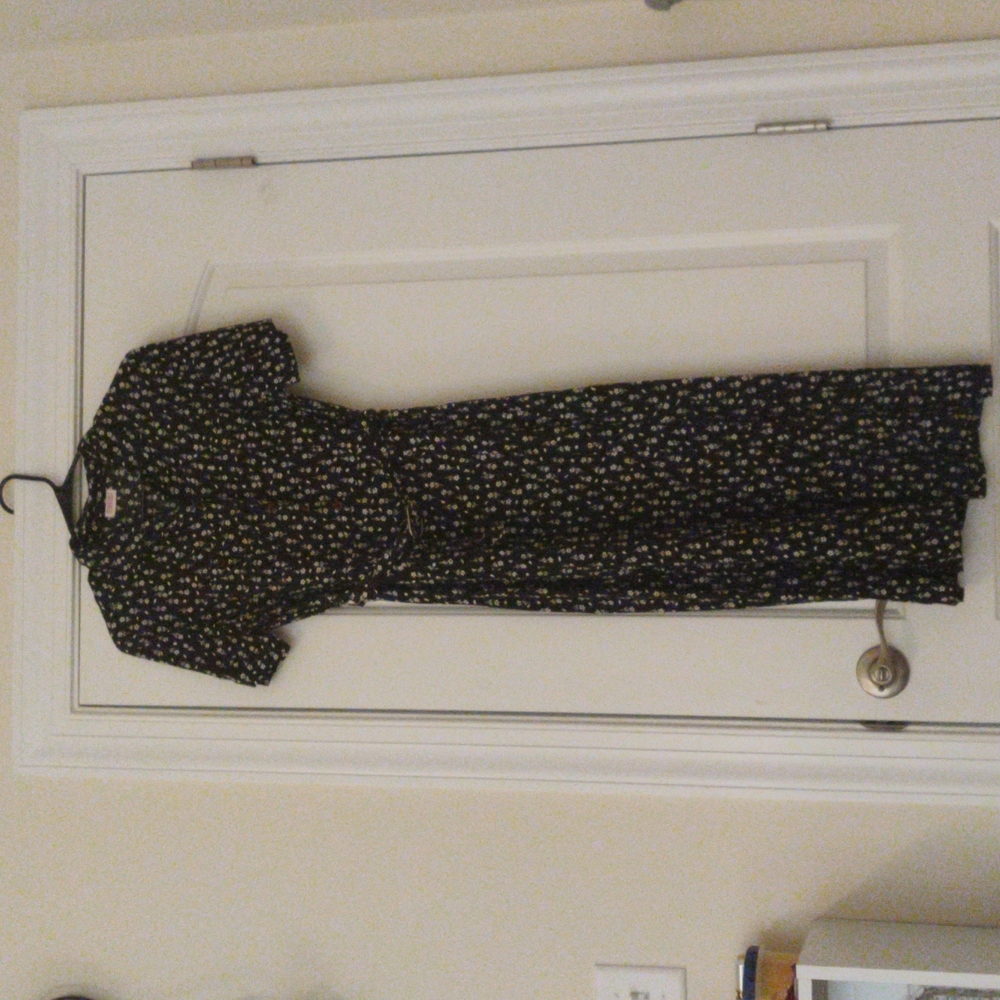 Vintage belted black floral midi dress M